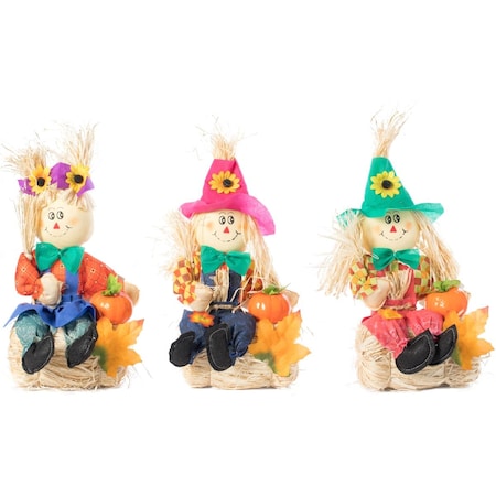 Invernaculo 13 x 6 x 5.50 in. Garden Scarecrows Sitting on Hay Bale Decor, Multi Color - Set of 3 IN3721608